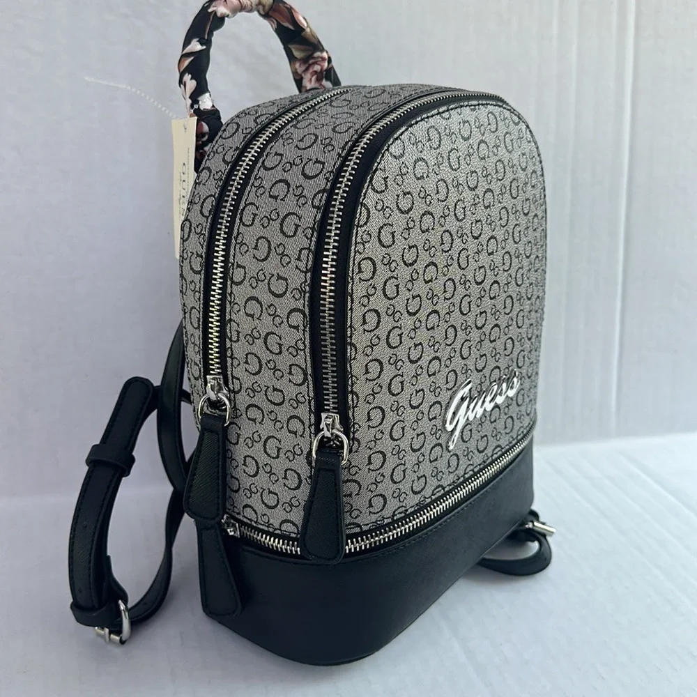 New GUESS Black Gray Logo Print Double Zipper Small Backpack/Handbag